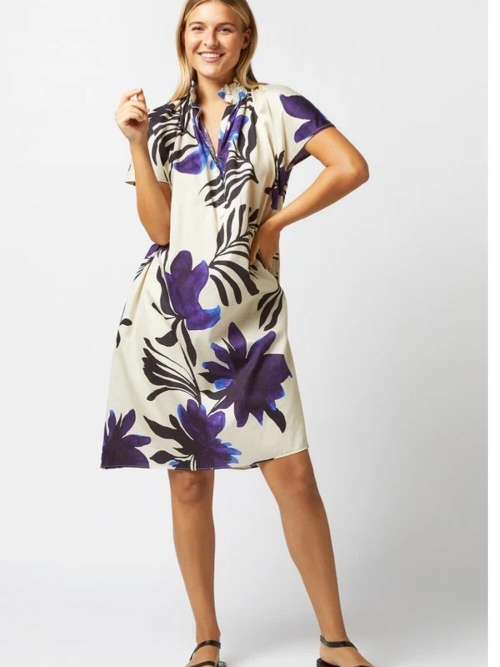 Ann Mashburn Atelier Kami Volume Abstract Floral Cream Purple Black Dress Small